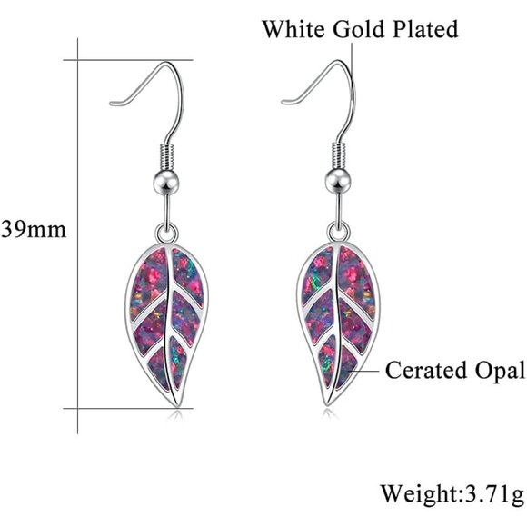 18K White Gold Plated Leaf Opal Dangle Drop Earrings for Women Teen Girls Hypoal - Picture 4 of 8